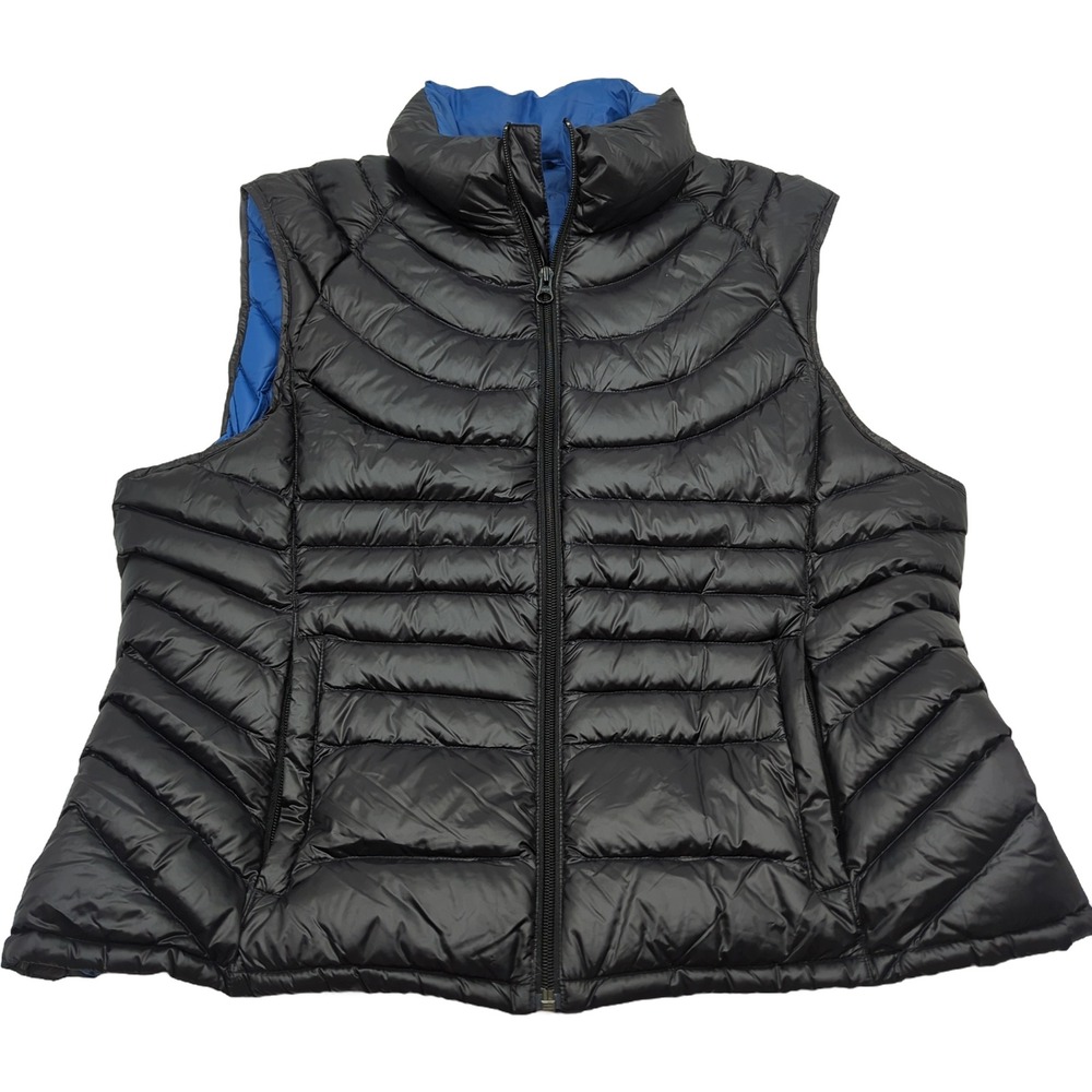 Bernardo Goose Down Puffer Vest Black Blue Lining Quilted Full Zip XL